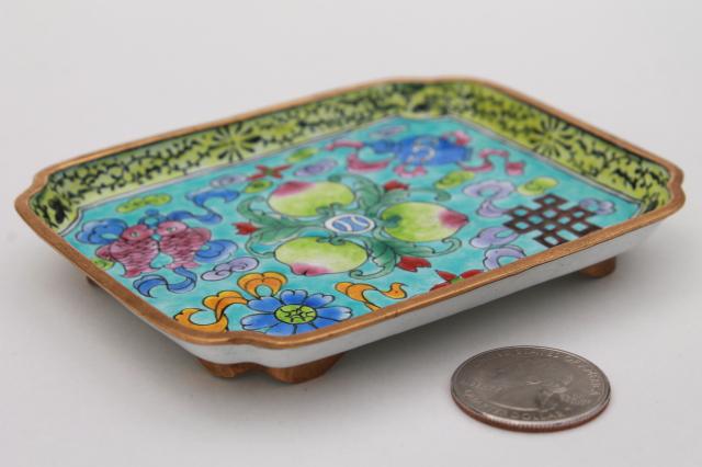 photo of vintage cloisonne enamel brass trays or ashtrays, chinoiserie enameled metal dishes #8