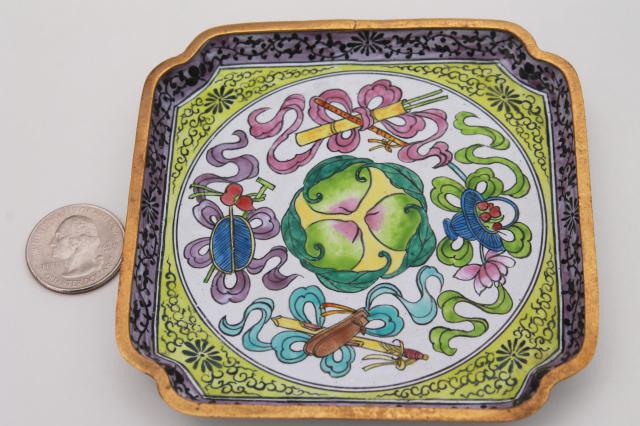 photo of vintage cloisonne enamel brass trays or ashtrays, chinoiserie enameled metal dishes #9