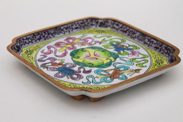 photo of vintage cloisonne enamel brass trays or ashtrays, chinoiserie enameled metal dishes #10