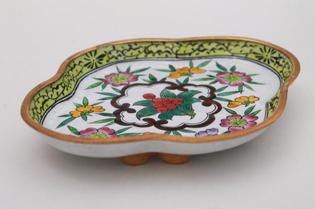 photo of vintage cloisonne enamel brass trays or ashtrays, chinoiserie enameled metal dishes #12