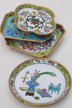 catalog photo of vintage cloisonne enamel brass trays or ashtrays, chinoiserie enameled metal dishes