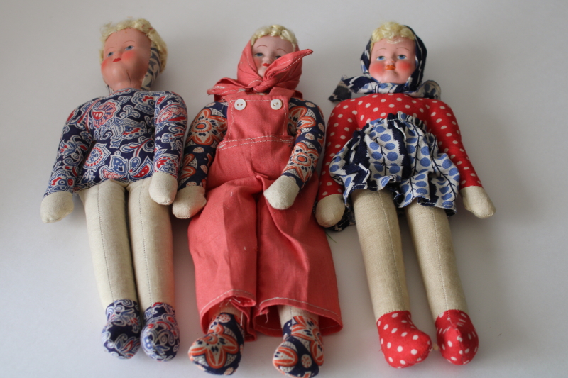 photo of vintage cloth dolls, girls w/ blonde braids in Polish folk costumes, cotton print skirt, headscarf & overalls #2