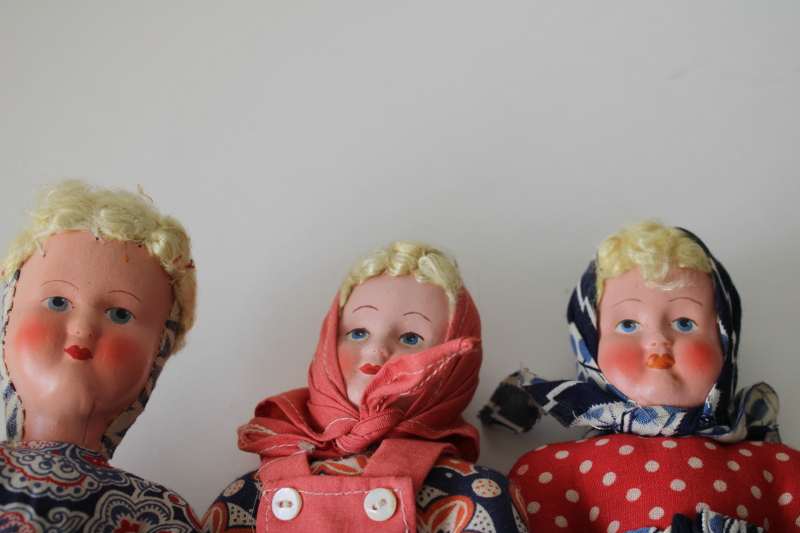 photo of vintage cloth dolls, girls w/ blonde braids in Polish folk costumes, cotton print skirt, headscarf & overalls #3