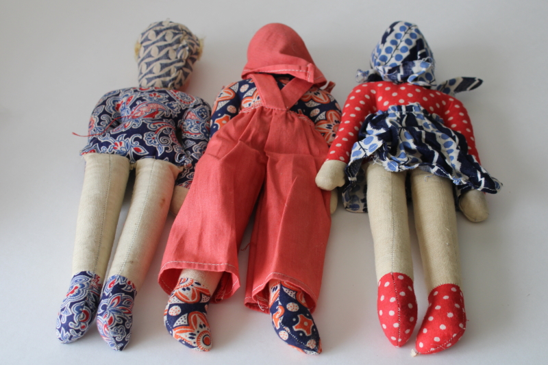 photo of vintage cloth dolls, girls w/ blonde braids in Polish folk costumes, cotton print skirt, headscarf & overalls #4
