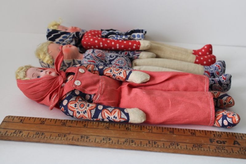 photo of vintage cloth dolls, girls w/ blonde braids in Polish folk costumes, cotton print skirt, headscarf & overalls #5