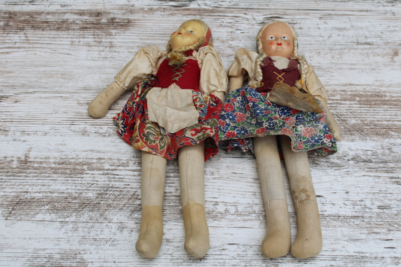 photo of vintage cloth dolls, girls w/ blonde braids in Polish folk costumes, cotton print skirts, drindls #1