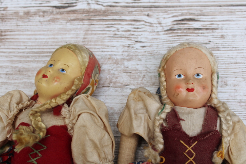 photo of vintage cloth dolls, girls w/ blonde braids in Polish folk costumes, cotton print skirts, drindls #2