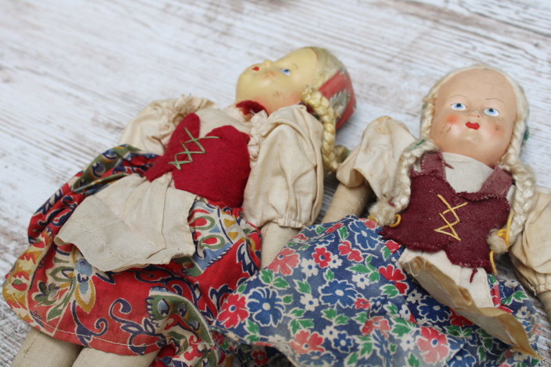 photo of vintage cloth dolls, girls w/ blonde braids in Polish folk costumes, cotton print skirts, drindls #6