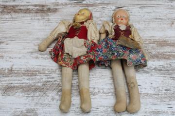 vintage cloth dolls, girls w/ blonde braids in Polish folk costumes, cotton print skirts, drindls 