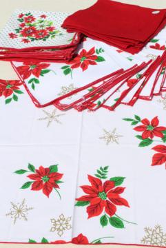 catalog photo of vintage cloth napkins, lot of Christmas prints & solid red linen dinner buffet napkins