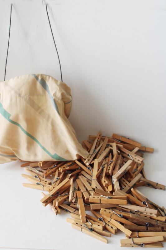 photo of vintage clothespin bag full of old wood clothespins, wire hanger for laundry wash line #1