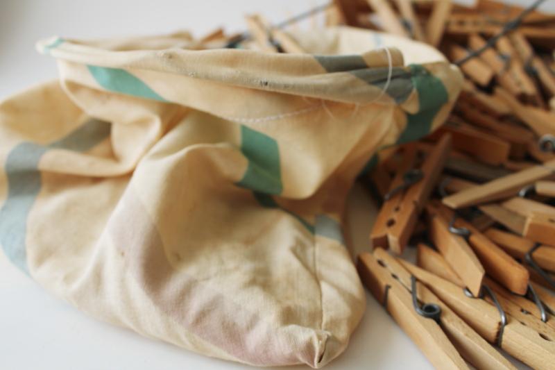 photo of vintage clothespin bag full of old wood clothespins, wire hanger for laundry wash line #3