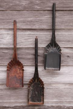 catalog photo of vintage coal shovels, metal scoops for stove scuttles, collection of old tools primitive wall decor