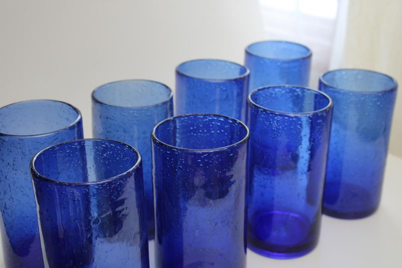 photo of vintage cobalt blue Mexican hand blown glass drinking glasses, heavy seeded glass tumblers #2
