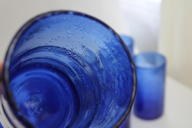 photo of vintage cobalt blue Mexican hand blown glass drinking glasses, heavy seeded glass tumblers #3