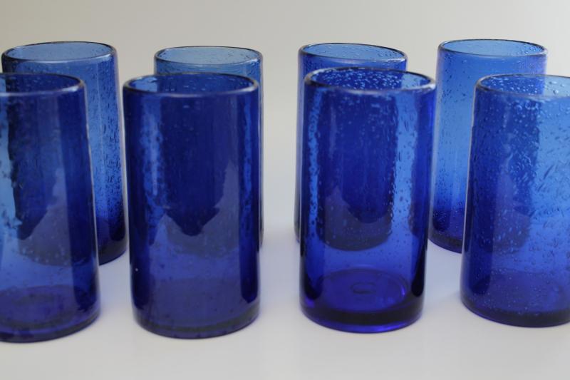 photo of vintage cobalt blue Mexican hand blown glass drinking glasses, heavy seeded glass tumblers #4
