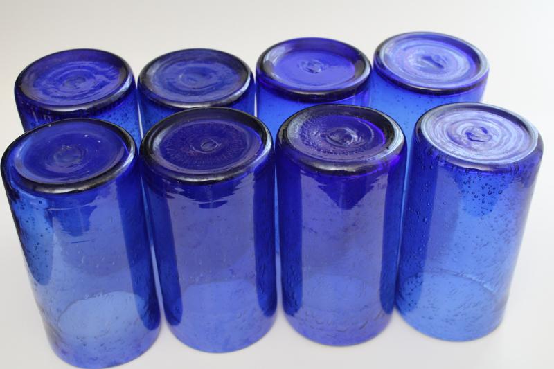 photo of vintage cobalt blue Mexican hand blown glass drinking glasses, heavy seeded glass tumblers #5