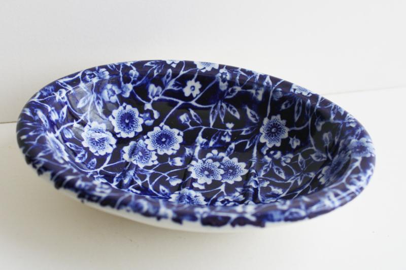 photo of vintage cobalt blue and white chintz Calico china soap dish Burleigh - England #2