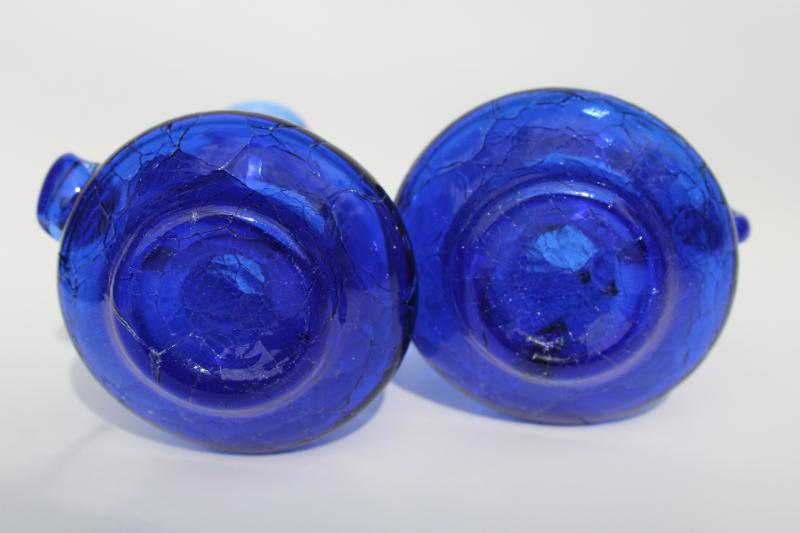 photo of vintage cobalt blue crackle glass mini pitchers or cruet set, no stoppers #3