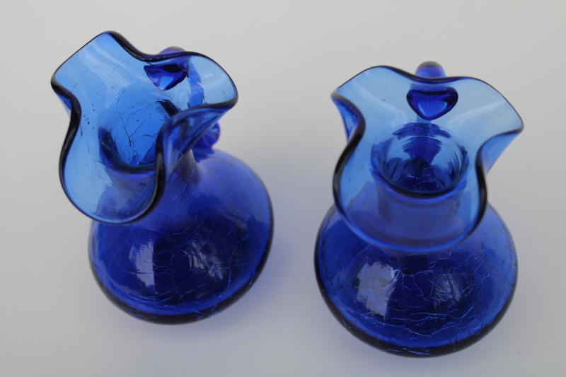 photo of vintage cobalt blue crackle glass mini pitchers or cruet set, no stoppers #4