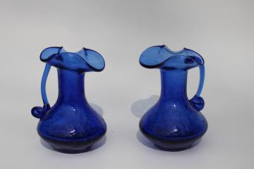 catalog photo of vintage cobalt blue crackle glass mini pitchers or cruet set, no stoppers