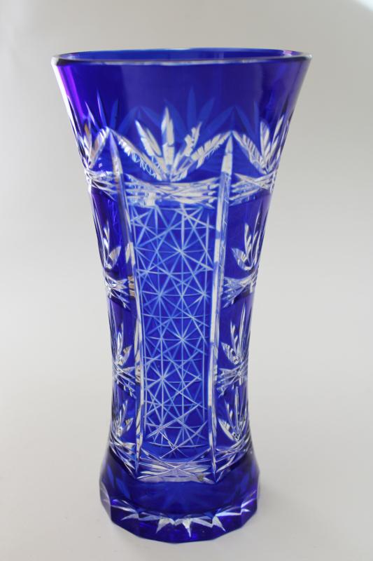 photo of vintage cobalt blue cut to clear glass vase, Bohemian crystal? Romania? #1
