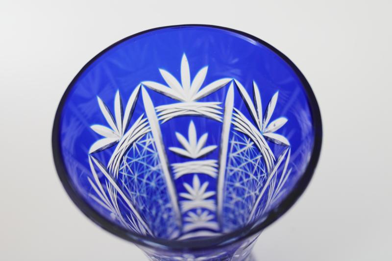 photo of vintage cobalt blue cut to clear glass vase, Bohemian crystal? Romania? #3