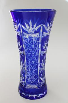 catalog photo of vintage cobalt blue cut to clear glass vase, Bohemian crystal? Romania?