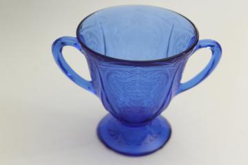 catalog photo of vintage cobalt blue depression glass Hazel Atlas Royal Lace pattern sugar bowl