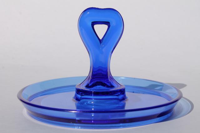 photo of vintage cobalt blue depression glass, caddy / serving tray, plate w/ center handle #2