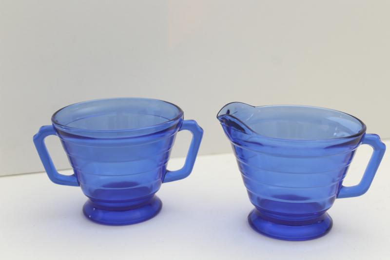 photo of vintage cobalt blue depression glass cream pitcher & sugar bowl Hazel Atlas Moderntone #1