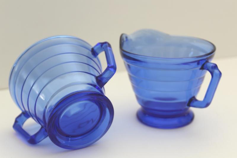 photo of vintage cobalt blue depression glass cream pitcher & sugar bowl Hazel Atlas Moderntone #3