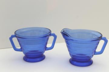 catalog photo of vintage cobalt blue depression glass cream pitcher & sugar bowl Hazel Atlas Moderntone