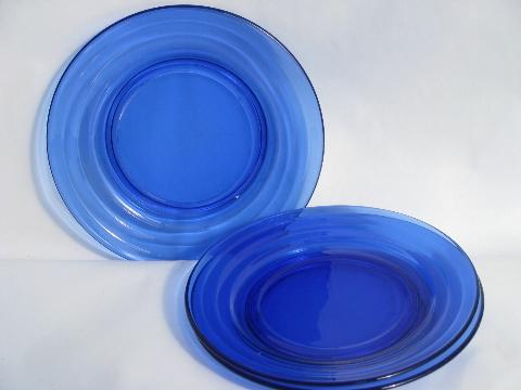 photo of vintage cobalt blue depression glass plates, Moderntone banded ring #1
