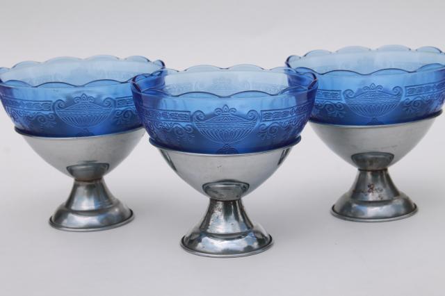 photo of vintage cobalt blue depression glass sherbet dishes, glass bowls w/ metal holders #1