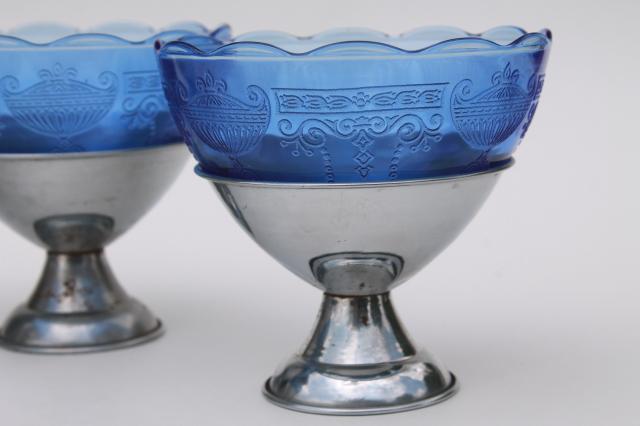 photo of vintage cobalt blue depression glass sherbet dishes, glass bowls w/ metal holders #4