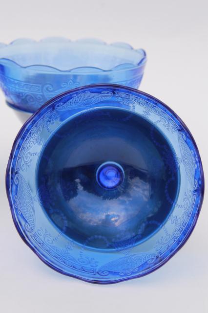 photo of vintage cobalt blue depression glass sherbet dishes, glass bowls w/ metal holders #5