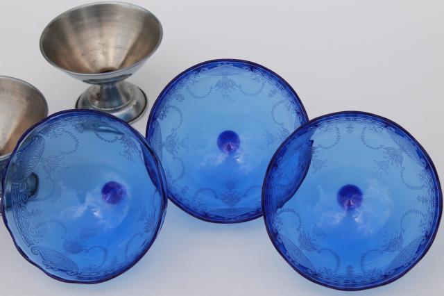 photo of vintage cobalt blue depression glass sherbet dishes, glass bowls w/ metal holders #8