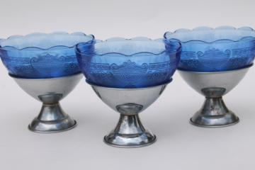 catalog photo of vintage cobalt blue depression glass sherbet dishes, glass bowls w/ metal holders