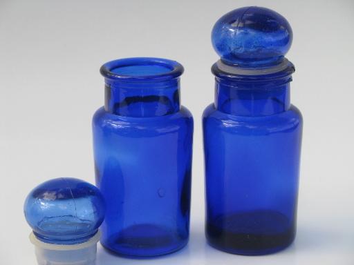 photo of vintage cobalt blue glass apothecary bottles or spice jars set #2