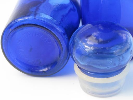 photo of vintage cobalt blue glass apothecary bottles or spice jars set #3