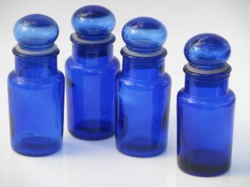 catalog photo of vintage cobalt blue glass apothecary bottles or spice jars set