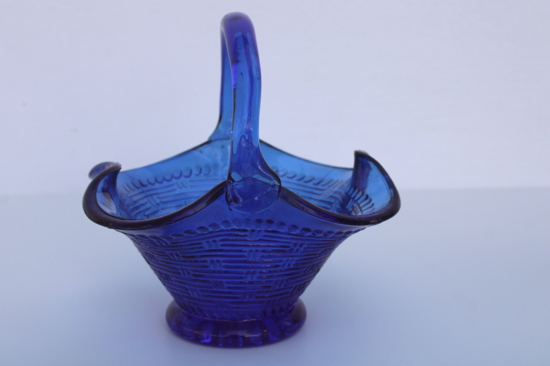 photo of vintage cobalt blue glass basket, basketweave pattern candy dish bride's basket  #1