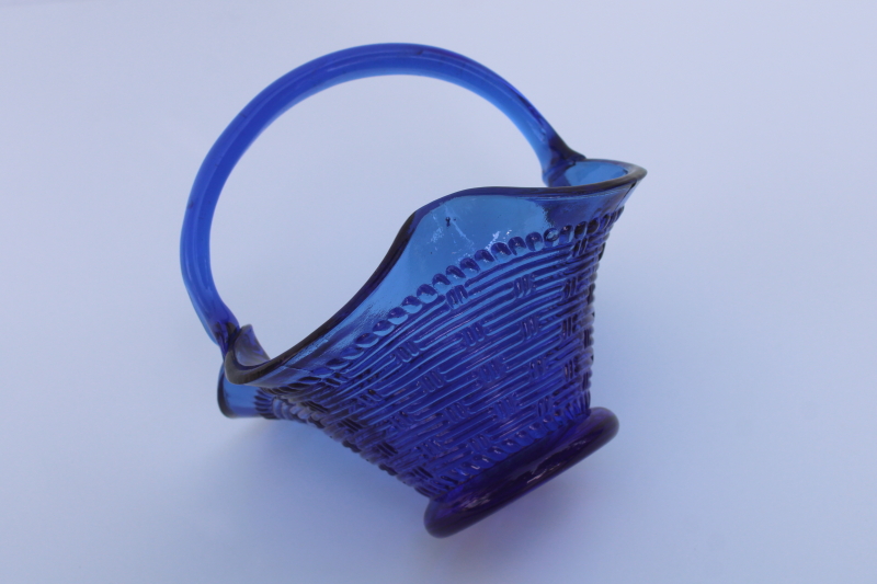 photo of vintage cobalt blue glass basket, basketweave pattern candy dish bride's basket  #3