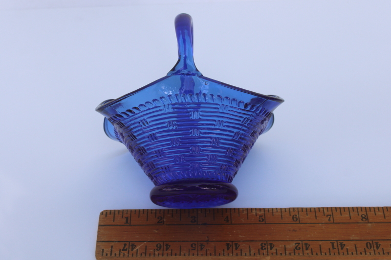 photo of vintage cobalt blue glass basket, basketweave pattern candy dish bride's basket  #5