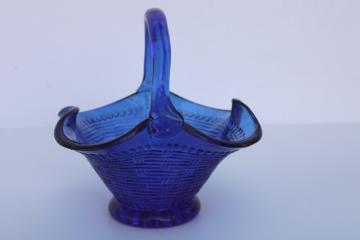 vintage cobalt blue glass basket, basketweave pattern candy dish bride's basket 