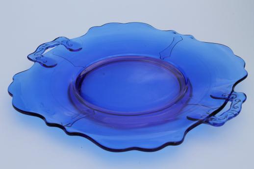 photo of vintage cobalt blue glass cake plate w/ handles Mt Pleasant depression glass  #1