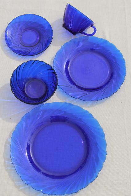 photo of vintage cobalt blue glass dishes set for four, Duralex Rivage swirl pattern #3