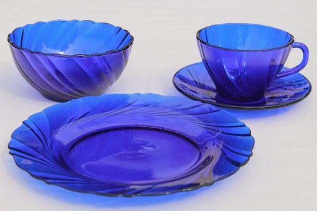 photo of vintage cobalt blue glass dishes set for four, Duralex Rivage swirl pattern #2