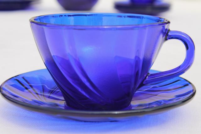 photo of vintage cobalt blue glass dishes set for four, Duralex Rivage swirl pattern #3